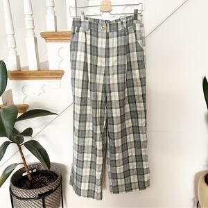 The Native One Plaid Wide Leg Crop Pants Green Gray Checked Size L Large